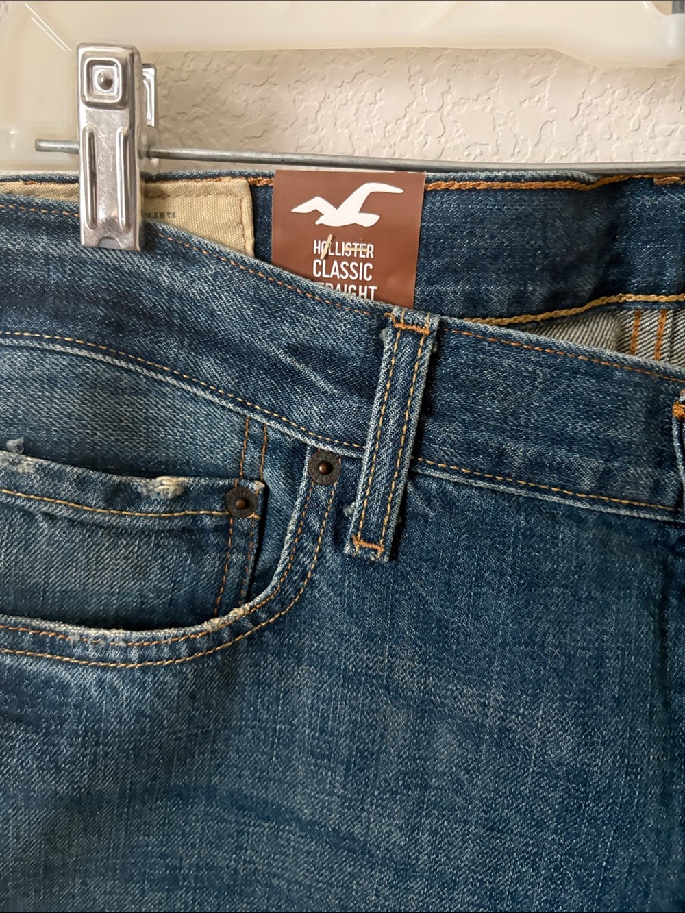 Hollister Men's Straight Blue Denim Jeans with Orange Stitching